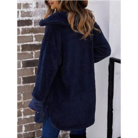 Women's Clau Fuzzy Jackets Faux Fleece Coat Dark Blue - Picture 5 of 5